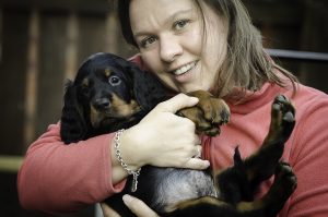 Jane and a Gordon Setter Puppy