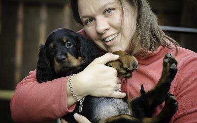Jane and a Gordon Setter Puppy